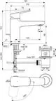 Waschtischarmatur von Ideal Standard, ausgestattet mit einem Hebelgriff und einem Ablaufsystem. Sichtbar sind die Maße und Anschlussdetails. Geeignet für Badezimmerinstallationen.
